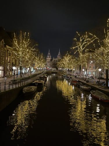 A canal at night lined with trees strung with lights
