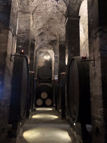Stone arches over a long cellar of wine barrels