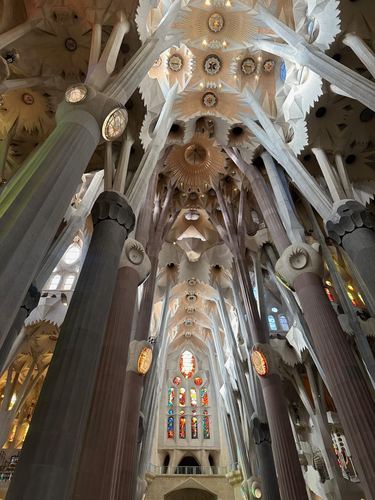 The ceiling and columns inside La Sagrada Familia, with stained glass at the far end
